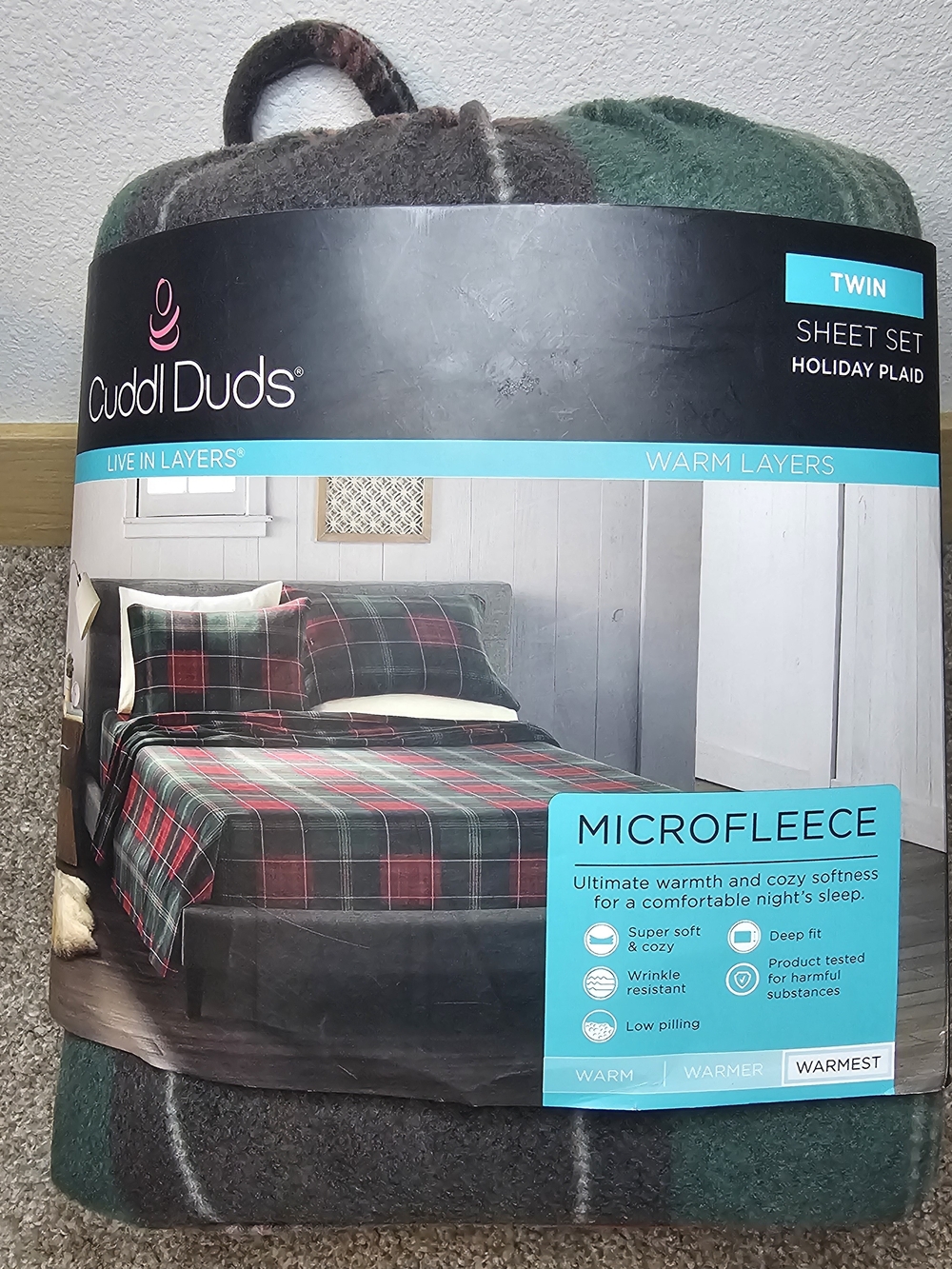 Cuddl Duds Holiday Plaid Twin Sheet Set - Green and Red